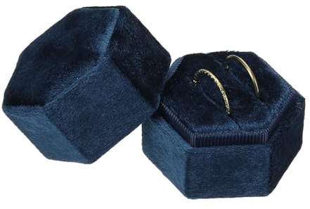 QUARKZMAN Boîte À Anneaux En Velours, Boîtier Hexagonal À 2 Emplacements Pour Présenter Des Alliances, Écrin Cadeau Pour Cérémonie De Mariage, Demande En Mariage Et Fiançailles, Bleu Foncé