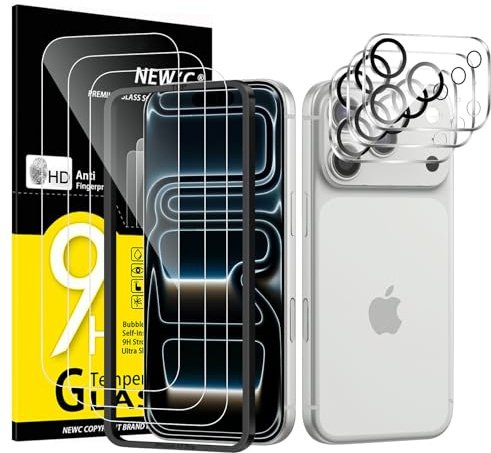 NEW'C 3 x Skärmskydd för iPhone 17 Pro (6,3 tum) och 3 x kameralinsskydd i härdat glas - Fri från luftbubblor - Ultrabeständigt - 9H hårdhetsglas - Enkel installationsverktyg inkluderat