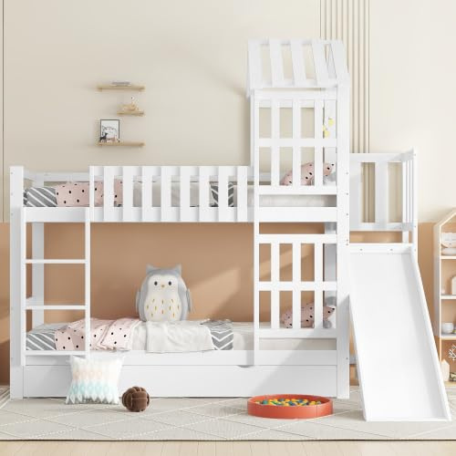 Merax Lit superposé avec toboggan et tiroir, lit d'enfant avec toit et fenêtre, en pin et MDF, blanc, 90 x 200 cm, lit de maison pour chambre d'enfant