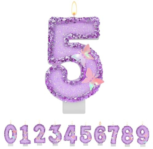 TESGADGETS Velas de cumpleaños Lilas con número 5, Velas de cumpleaños combinables con Mariposa para Tartas, Vela Brillante con el número 5 como Adorno para Tartas de Celebraciones de Aniversario