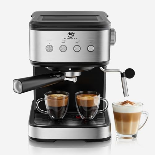 SUPERLEX 15 Bar Espresso Coffee Machine, 1100W, with Adjustable Steam Wand | Stainless Steel Coffee Maker with 1.5L Water Tank, Milk Frother, Single & Double Shot, Memory Function easy for Home & Office