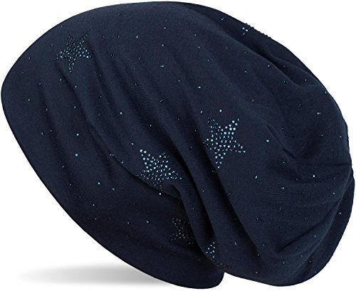 styleBREAKER Beanie Mütze mit Strass Sterne und All Over Strasssteine, Slouch Longbeanie, Damen 04024116, Midnight-Blue/Dunkelblau