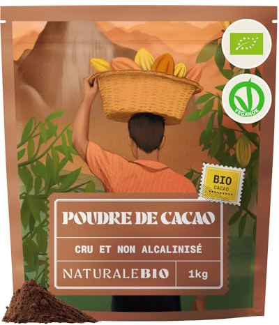 NaturaleBio Cacao Biologico in Polvere 1kg. Naturale e Puro da Fave Crude. Non Zuccherato. Prodotto dalla pianta Theobroma Cacao. Lavorato a Basse Temperature. Testato per Metalli Pesanti