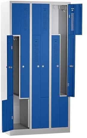 eurokraft | Spind | 3 Abteile | lichtgrau RAL 7035 | Flache Dachform | 3 Abteile, lichtgrau / enzianblau, Breite 870 mm