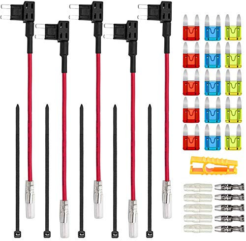 Aiqeer 5 Pezzi 12V / 24V Piccolo Add-a-Circuit Portafusibili, Adattatore Fusibili Auto con 16 AWG Cavo, Gratuito 15 Pezzi Fusibili a Lama Mini e Estrattore di Fusibili (Terminale di Testa)
