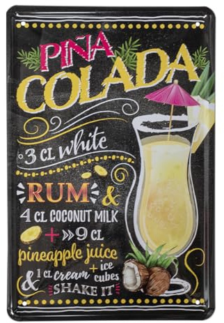 Blechschild Zutaten Rezept Anleitung Pina Colada - Retro Deko Schild - Metallschild Cocktail Longdrink - Dekoration Küche Beach Bar Lounge Pub Kneipe - Geschenk Beilage für Cocktail Mix Set - 20x30cm