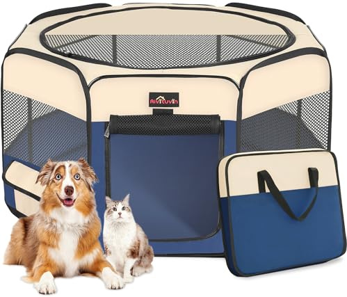 Aivituvin Dog Playpen, Foldable Pet Play Pens with Carrying Bag for Cat, Puppies, Rabbits, Portable Dog Tent Crates Cage for Travel Camping Indoor Outdoor, Removable Shade Cover, Blue S