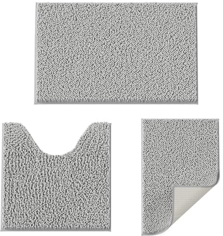 RUN HELIX Bathroom Rugs Set 3 Pieces Extra Soft and Absorbent Shaggy Non-Slip Bath Rugs, Chenille Bathroom Mats, Bathrooms Set with Toilet Rugs, Perfect Bath Mats for Bath Tub, Shower, Light Grey