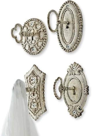 Loberon Haken 4er Set Codrington, antiksilber | vielseitig nutzbar, stilvolle Vintage-Designs, Schlüssel-Optik mit Antik-Finish, Shabby-Charme, Dekoration, Zink