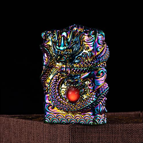 W-Lynn Vintage Trench Lighter Pure Copper Engraving Lighter Reusable Antique Kerosene Grinding Wheel Lighter for Collectibles Decor Gifts (Color : Colorful Dragon)