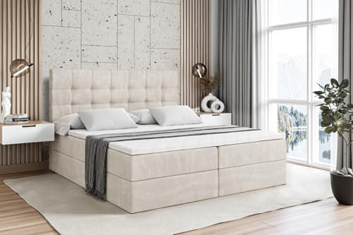 ALTDECOR Boxspringbett mit Matratze und Lattenrost, Boxbett, Topper, Polsterbett mit Bettkasten, Bett mit Stauraum H3-Matratze, Doppelbett, Springboxbett - BERO - 200x200 Beige Samt