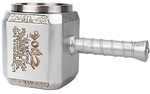Thor Hammer Mug Tankard Nordic Style Decorations Stainless Steel Resin Norse Mythology Mjolnir Beer Mug with Corkscrew Milk Coffee Cup 15.2 Oz (450ml) (Silver)