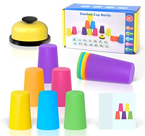 Sport Stapelbecher,Quick Stacks Cups Kinder und Erwachsene,Mit 12 Speed ​​Cups,50 Karten und 1 Klingel anrufen,Becher Stapeln Training Stapelbecher Speed Party Spielzeug Set,Kinder Stapelbecherspiel