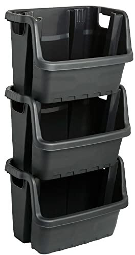 STORM TRADING GROUP Stacking Crates Heavy Duty Large Open Fronted Storage Boxes Bin For Order Picking, Recycling, Industrial, Garage & Kitchen Stackable Organiser Baskets (Set of 3)