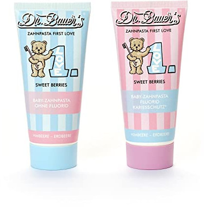 Dr. Bauer's Pasta de dientes, pasta de dientes para bebés, pasta de dientes infantil First Love Sweet Berries Set 1 x con flúor y 1 x sin flúor (2 x 50 ml)