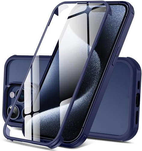DOSNTO Doppelseitig Durchsichtig Hülle für iPhone 15 Pro Max (6.7''), 360 Grad Ganzkörper Stoßfeste Fallschutz Transparent Handyhülle Eingebauter Gehärtetem Glas Displayschutzfolie, Blau