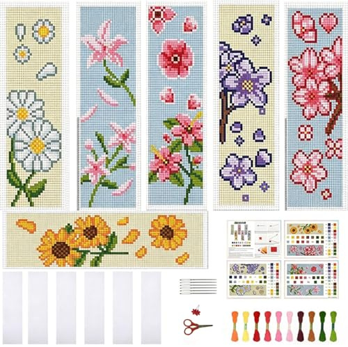 FREEBLOSS Set di 6 kit per punto croce, segnalibro con girasole e istruzioni (lingua italiana non garantita), kit regalo