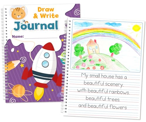 Auchq Draw and Write Journal for Kids, 60 Composition Notebook Paper with Half Page Lined and Drawing Space, Sizes 10.5x8 inches, Great for Handwriting practice.