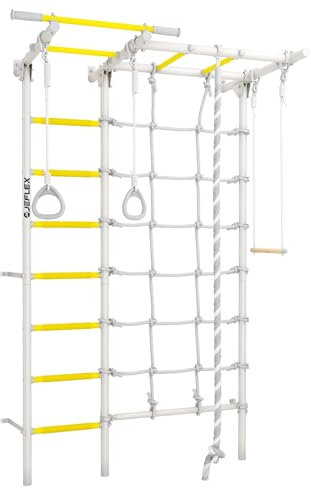 JEFLEX - weiß/gelbe Seil-Klettergerüst für Kinder/Kinder Sprossenwand mit robustem Seil, Klettergriffe & eine Stange/fördert Fitness & Koordination/Simple Installation/inkl. Kletterwand-Zubehör