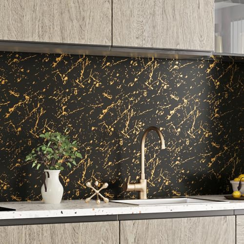 HotDecor Marble Effect Self Adhesive Wallpaper 60cm X 300cm Worktop Vinyl Covering Black Sticky Back Plastic Vinyl Wrap for Kitchen Cupboards Black and Gold Marble Wallpaper for Bathroom