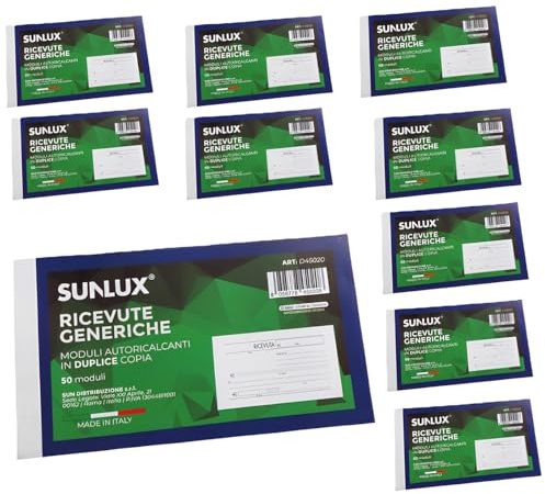 Sunlux Blocco Ricevute Generiche a Duplice Copia - 10 Pezzi x 50 Moduli, Ricevute Commerciali Autocopiante per Pagamenti, Fatture, Noleggi, Lavori