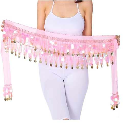 HWJFDC Bauchtanz Hüfttuch Damen Bauchtanz-Hüfttuch mit Goldmünzen, Tanz-Taillenkette, Fransen-Quastengürtel, Bauchtanz-Kostüm-Zubehör(Pink)