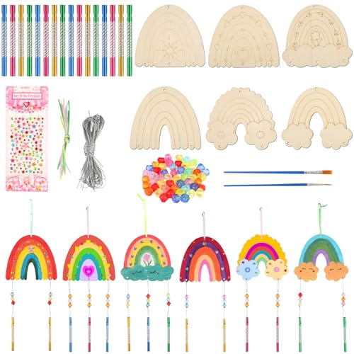 Haocjanc 12 Stück Regenbogen Windspiel Bastelset Kinder, Holz Windspiel Bastelset, Holz Basteln Kinder, Regenbogen Deko Klangspiel Basteln Holzbastelsets für Mädchen Junge Kindergeburtstag