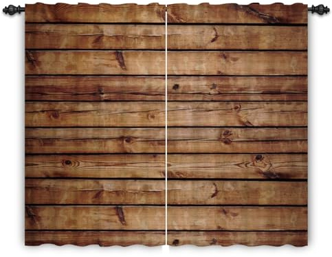 ggaimwf Rustikaler Holzvorhang für Fenster Holzbretter Vorhang Vintage Braun Bauernhausdekor Wohnzimmer Schlafzimmer Landhausthema Cowboy Innenteilervorhang Stangentasche 135x245cm 2 Paneele