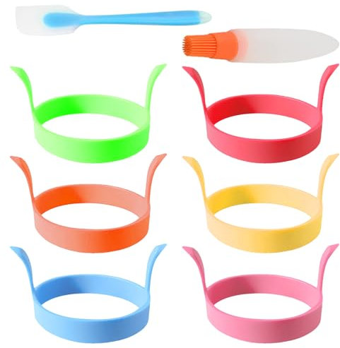 Silikon Spiegeleiform 6 Stück Rund, Non Stick Omelettform, Mit Griffen, Non-Stick Omelettform, Ölflaschenbürste, Ei Ring, Pancake Form, Dessert Backformen(Blau/Gelb/Grün/Rot)