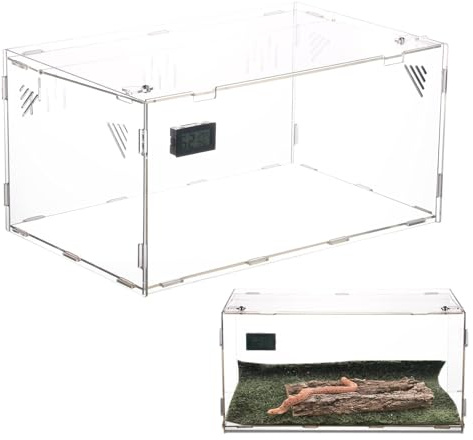 Homtone 30x20x15cm Acrylic Terrarium, Reptile Enclosure with Temperature, Hygrometer, Large Transparent Insect Feeding Box, Portable Acrylic Tank for Reptile, Spider, Snail