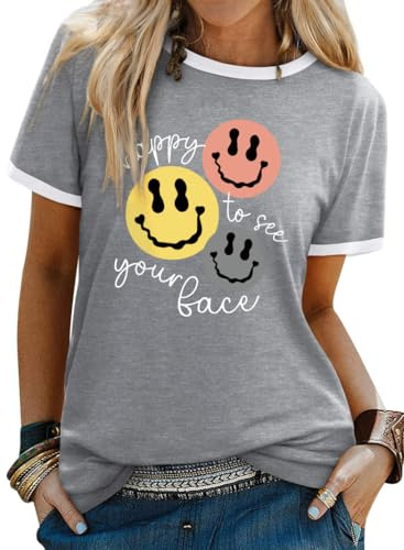 WIEIYM Women T Shirt Smile Face Graphic Happy Summer Casual Tee | Crew Neck,Short Sleeve,Lightweight,Everyday Style,Unisex Band Clothes,Happy Postive Graphic Print