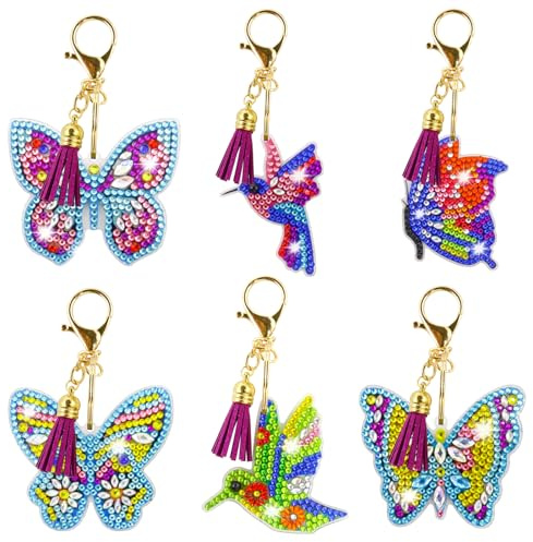Lymshine Diamond Painting Schlüsselanhänge Doppelseitige, 6 Stück Diamond Painting Schmetterling und Vögel Anhänger, 5D Diamant-Schlüsselanhänger für Damen und Erwachsene