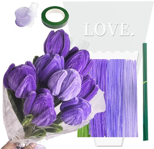 Aokelily Lila Tulpenstrauß Pfeifenreiniger Handwerk 400 Pcs Pfeifenreiniger Bulk, Chenille Stiele für DIY Blume Machen Kit mit Blumendrähten, Gartenarbeit Band, Staubgefäße & Ribbon (Lila tulpen)