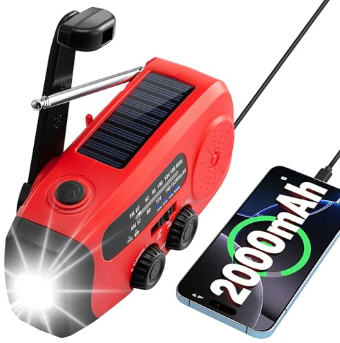 Latest Version Wind Up Radio Solar, Battery, Torch, Phone Charger 2000mAh Rechargeable Power Bank UK Emergency Hand Crank AM/FM Radio with Live Weather Updates Camping Emergency Survival Kit SOS Alarm