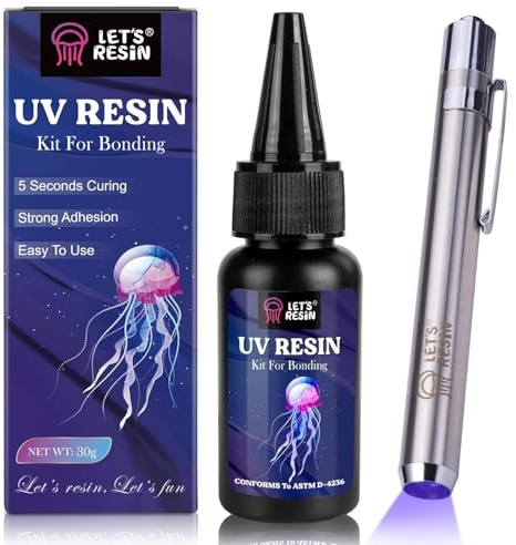 LET'S RESIN Colle avec Lampe UV, Collage & Durcissement en quelques secondes, 30g Resine UV pour Bijoux, le Soudage, la Réparation du Plastique, la Lumière en Verre
