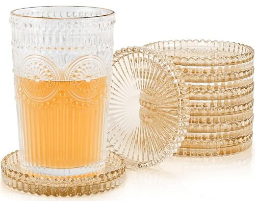 Vintage Glass Coasters, GOH DODD Set of 8 Crystal Coasters Tabletop Protection for Drinks, Home Decor, Kitchen, Living Room, Patio, Wedding, Party, Housewarming Gifts, Amber