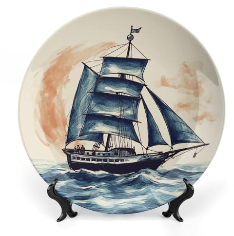 Rkklvbns Piatti decorativi nautici con barca a vela da 20,3 cm, piatti piani in ceramica Bone China Piatto decorativo con espositore Piatti da dessert per casa ufficio decorazione da parete