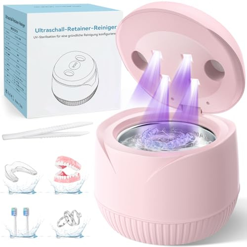 Pulitore ad ultrasuoni 45000 Hz Pulitore ad ultrasuoni 200 ML Dental Pod – Ultrasonic Cleaner per protesi dentarie, retainer, binario dentale, protesi, gioielli con timer digitale rosa