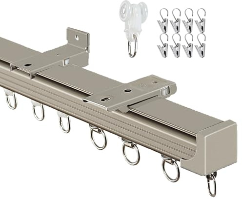 Barra de cortina de techo o pared de 1 carril, barra de cortina resistente para separadores de habitaciones, dormitorio y baño, fácil instalación, 450 cm, color champán (50-600 cm ajustable)
