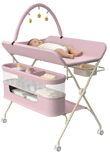 Supfine Table à Langer Pliable, Plan à Langer avec Panier Latéral et Tringle de Suspension, Réglable en Hauteur, avec roulettes Verrouillables et 3 Jouets Étoiles (Rose, 5 en 1)