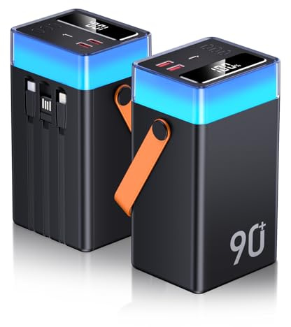 Batterie Externe 90000mAh 30W Charge Rapide 3 Câble Intégré, Power Bank USB C Chargeur Portable, PowerBank 5 Sorties et 2 Entrées avec Écran LED et 9 Couleurs Dimmable pour iPhone Android Camping