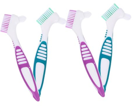 ROMISBABA Juego de 4 Cepillos Limpiadores para Dentaduras Postizas Mango Ergonómico Antideslizante Cerdas Suaves para Limpieza Profunda Kit Multifuncional para Prótesis Color Verde y