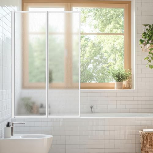 Daromigo - Mampara para bañera de 100×140 cm, 2 piezas plegables fabricadas en plástico PS resistente a roturas, con marco de aluminio blanco, mampara con estructura de gotas para protección contra