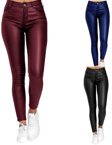 Dam Stretchiga Leggings Konstläderbyxor Hög Midja Casual Skinny Byxor Wetlook Shaping Butt Push-up PU Läder Sport Träningsbyxor Höftbyxor(Red wine,L)