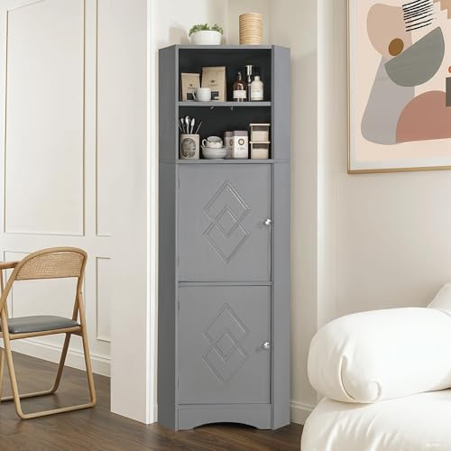 Generiskt hörnskåp med 2 förvaringsfack, vattentätt – utrymmesbesparande hörnskåp för badrum, hall och kök, 36,5 x 36,5 x 155 cm, ljusgrå, justerbara hyllor + modern design