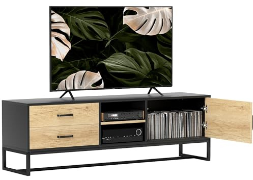HOMCOM Mobile Porta TV 60 con Armadietto, 2 Cassetti e Ripiani Regolabili, Mobile TV con 2 Aperture Passacavi in Legno per Soggiorno e Salotto, 140x35x45 cm, Legno Naturale e Nero