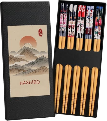 Japanische Bambus-Essstäbchen, 5 Paar, 22 cm, Glückskatzen-Motiv | Wiederverwendbar und spülmaschinenfest – Natur-Essstäbe im Kawaii-Design, in Geschenkbox für Sushi und Ramen