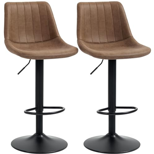 HOMCOM Modern Bar Stools Set of 2, Height Adjustable Swivel Bar Chairs with Backrest, Gas Lift and Footrest, Leathaire Barstools for Breakfast Counter, Kitchen Island, Brown