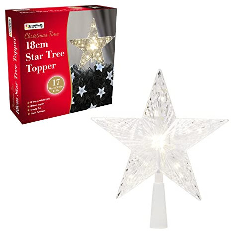 The Christmas Workshop 18cm LED Star Tree Toppers | 17 Warm White/Bright White LED Lights | Christmas Tree Decorations | Timer Functionality | Battery Operated (Warm White)