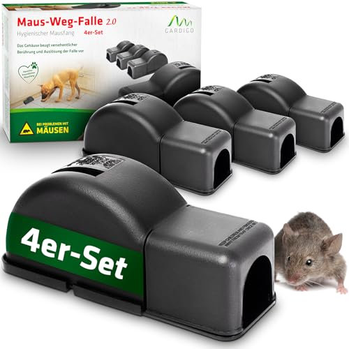 GARDIGO® Trappola per Topi - Confezione da 4 | Trappole Topi a Scatto - Nascosta in Involucro di Plastica | Sicura per Animali Domestici | Riutilizzabile, Igienica | Soluzione Efficace contro Roditori